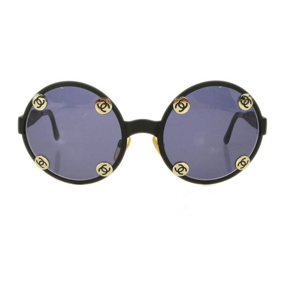 Chanel Round Sunglasses Eyewear Black Small Good 08841 90405 130963